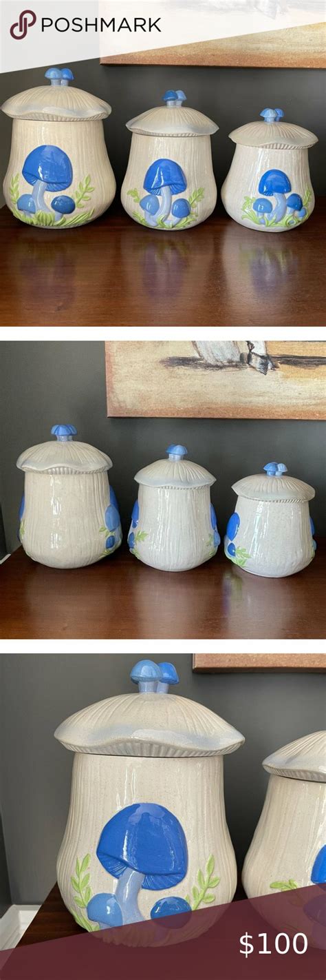 Vintage Arnels Blue Mushroom Kitchen Glazed Ceramic Canister Set S