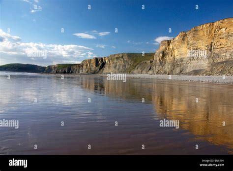 Traeth Mawr Beach With Cliffs Reflected In Wet Sand Southerndown Vale