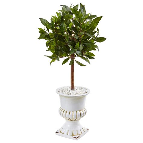 Nearly Natural Indoor Sweet Bay Mini Topiary Artificial Tree In White