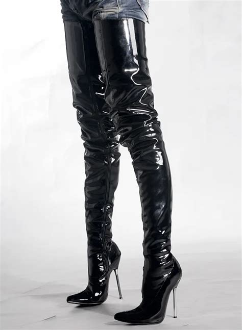 IN STOCK ON SALE SEXY FETISH POINTED TOE THIGH HIGH BOOTS PATENT LEATHER METAL HEELS Boots