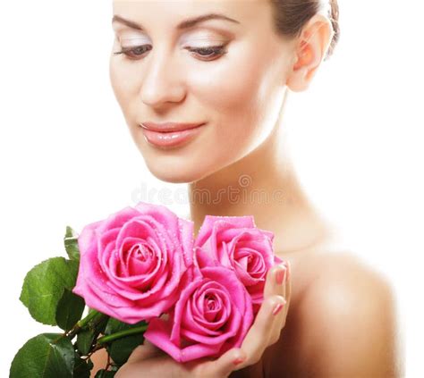 Woman With Bouquet Of Pink Roses Stock Photo Image Of Calm