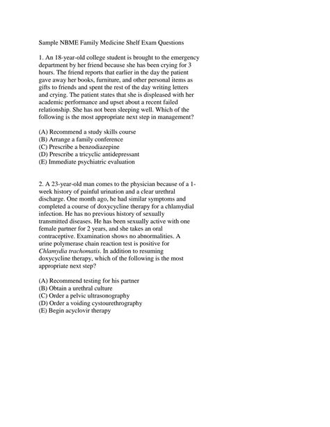 SOLUTION: 101223109 sample nbme family medicine shelf exam questions 1