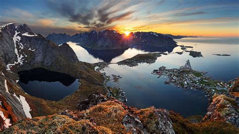 Photo Lofoten Norway Crag Nature Sunrises And Sunsets Bay 1366x768