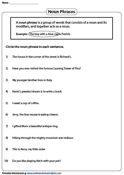 Phrases Worksheets Expanded Noun Phrases Nouns And Adjectives Nouns