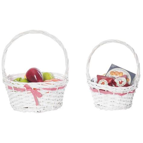 Vintiquewise White Willow Bowl Baskets Red Gingham Bow With Handle Set