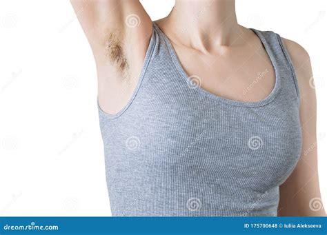 Caucasian Woman In Gray Singlet With An Unshaven Armpit White Isolate