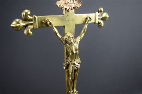 Antique French Ormolu Bronze Standing Cross Crucifix Reliquary