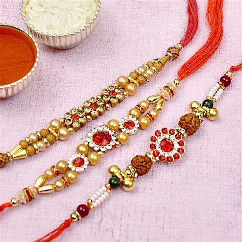 Set Of 3 Rakhis Studded With Colorful Stones Beads Gift Send Rakhi