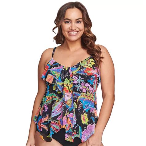 Plus Size Mazu Swim Floral Paisley Draped Tier Tankini Swim Top With
