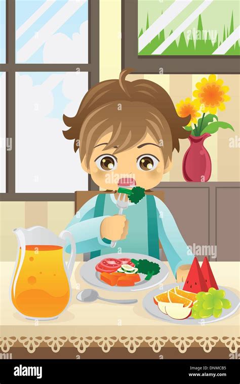 A Vector Illustration Of A Boy Eating Vegetables And Fruits Stock