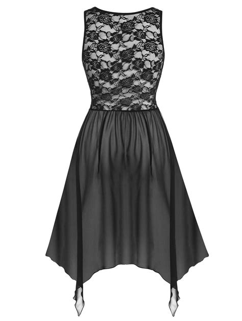 26 Off 2021 Plus Size Lace Mesh Sheer Hanky Hem Lingerie Dress In Black Dresslily