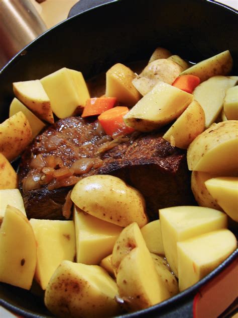 4 large carrots, trimmed, peeled 500g baby red potatoes 8 pickling onions, peeled, halved 4 cloves garlic, peeled 2 sprigs fresh rosemary 2 x 1kg beef blade roast 2 x 160g sachets gravox pepper and shiraz liquid gravy 1⁄4 cup wholegrain mustard 2 beef stock cubes (10g each). Autumn In a Pot | Pot roast. Carrots and potatoes added, one… | Flickr