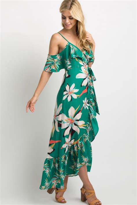 Just enter your zip code and we'll show you your closest stores. Green Floral Open Shoulder Ruffle Wrap Dress | Pink long ...