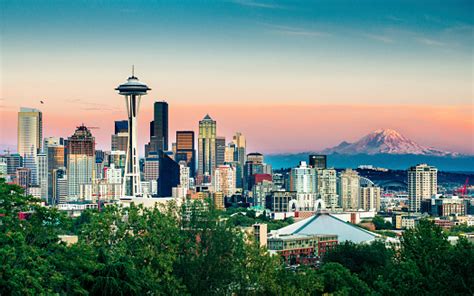 Seattle Skyline And Mount Rainier At Sunset Stock Photo Download