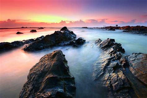 Beautiful Sunrise At Rocky Beach Stock Photo Image Of Nature