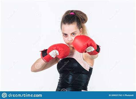 Teen Girl Boxer Training In Boxing Gloves Punching Stock Photo Image