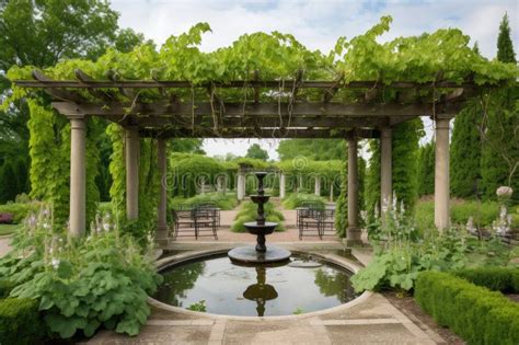 Beautiful Pergola With Vine Covered Gazebo And Water Feature In The