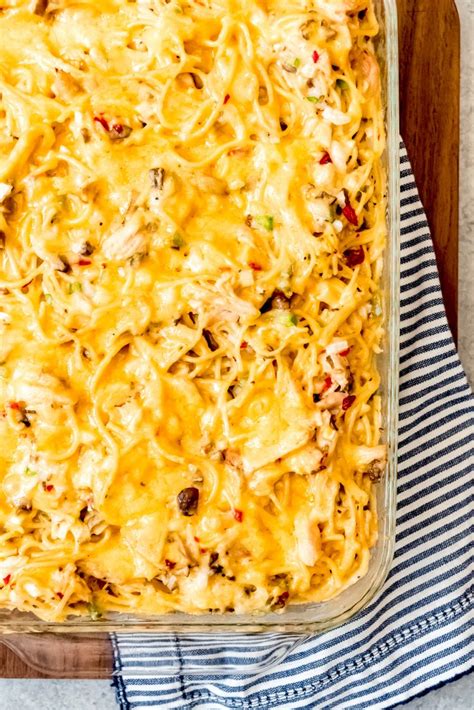 Pour mixture into a baking dish, top with remaining cheese, cover, and bake the chicken spaghetti casserole for 45 minutes. Chicken Spaghetti Casserole - House of Nash Eats