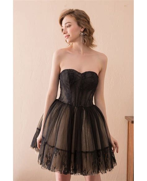 Black Short Tulle Prom Dress Strapless With Lace Trim Ch