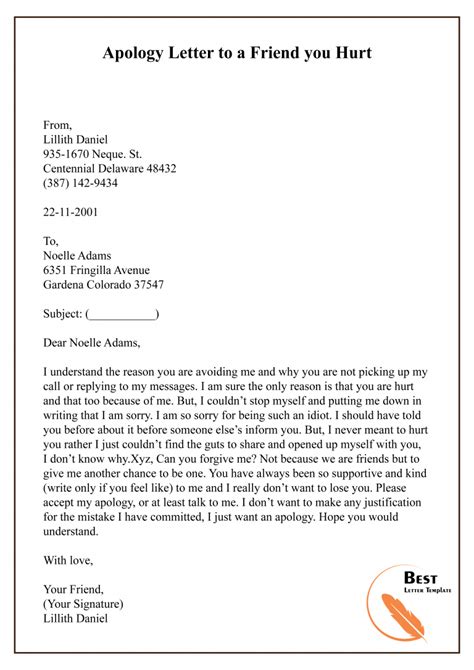 Apology Letter Template To A Friend Sample And Example