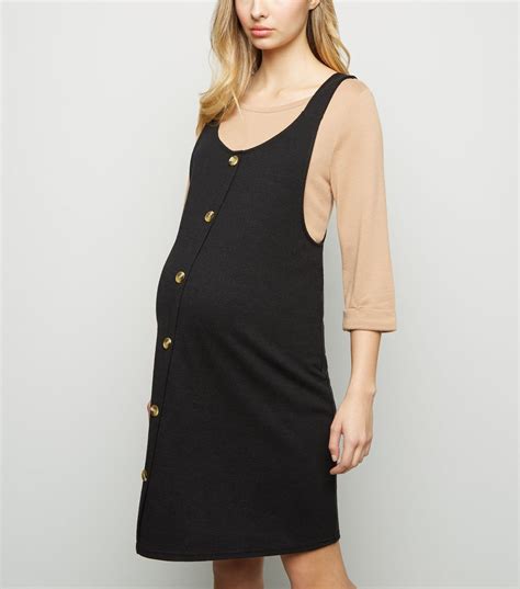 Maternity Black Cross Hatch Button Front Pinafore Dress New Look Maternity Shops Pinafore