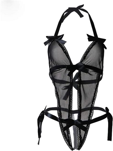 Jp Cqhui 女性のセクシーなランジェリーvネックブラックレーススプライスされた衣装誘惑透明なスリープ服 ファッション
