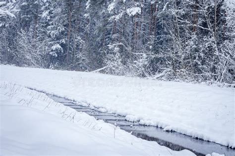 Winter Landscape With Empty Snowy Road Frozen Steam And Trees In Snow