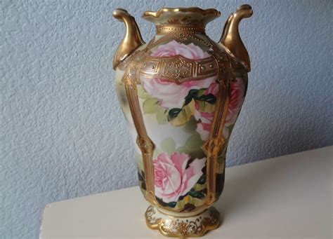Large Antique Noritake Nippon Pink Roses Vase Jewelled With Heavy Gold Gilding And Beading
