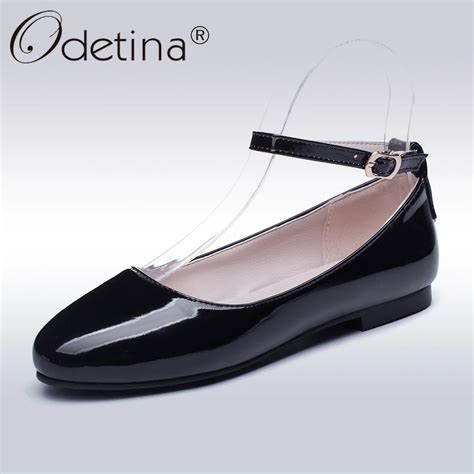 Odetina New Patent Leather Ballet Flat Shoes Women Buckle Ankle Strap