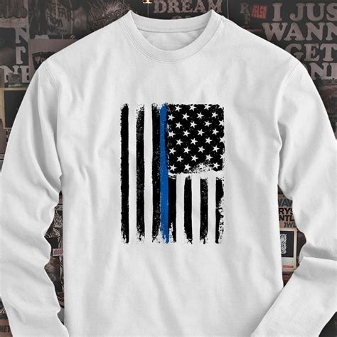 Thin Blue Line American Flag Usa Polices Support Mens White Long Sleeve