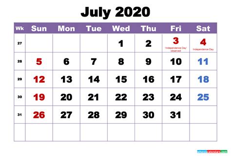 July 2020 Printable Calendar With Holidays Word Pdf
