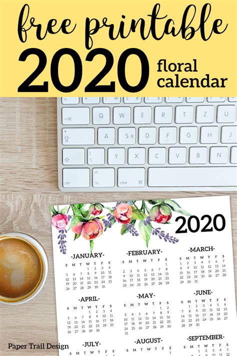 Free Printable 2020 Calendar Yearly One Page Floral Paper Trail Design