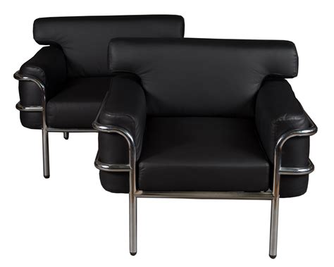 pair vintage le corbusier style black leather club chairs
