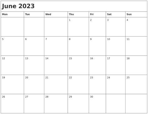 June 2023 Month Calendar