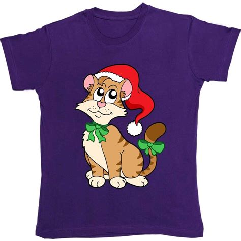 Cute Pussy Cat Wearing Christmas Hat And Bow Print Tee Shirt Men Short