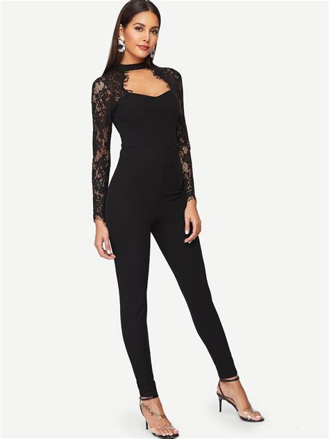 Shein Jumpsuit With Sweetheart Neckline And Lace Sleeve Jumpsuit