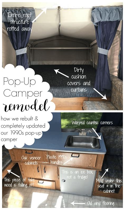 How to paint camper cabinets. pop up camper remodel with roof repair, new cushion covers ...