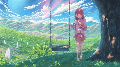 Female Anime Character Standing Beside Swing Chair Under Tree Illustration Clouds Dress