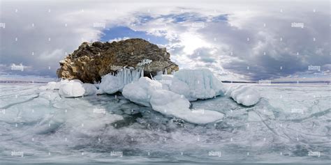 360° View Of Icy Rocks Of Olkhon Island Are Lake Baikal Spherical 360
