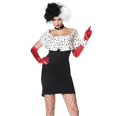 Ladies New Sexy Evil Cruella Halloween Gothic Fancy Dress Outfit