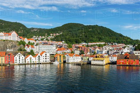 Bergen Waterfront And Skyline Seen From The Sea Hordaland Norway