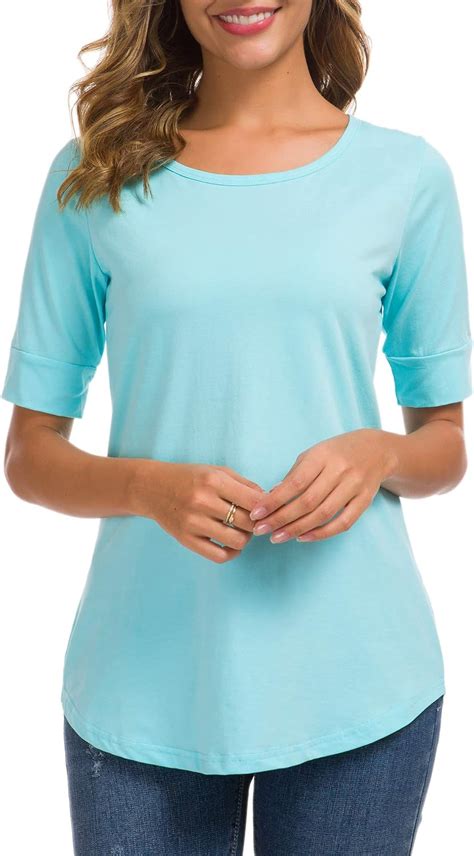 Womens Elbow Length Sleeve Tops Soft Knit Tees Cotton
