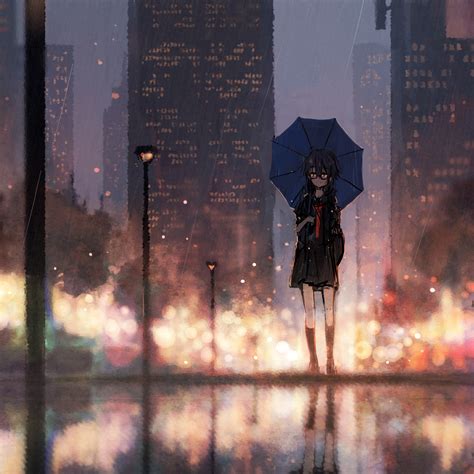 2048x2048 anime girl rain umbrella ipad air hd 4k wallpapers images backgrounds photos and pictures