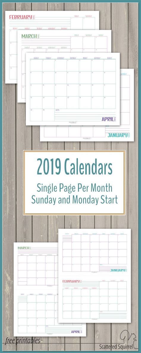 Single Page Dated 2019 Calendars With Sunday And Monday Starts