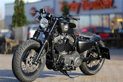 The evolution ® engine might be modern, but it still boasts classic styling with a round air cleaner cover, black powder coated fat front tire: Thunderbike Black Skull • H-D Forty-Eight Sportster ...