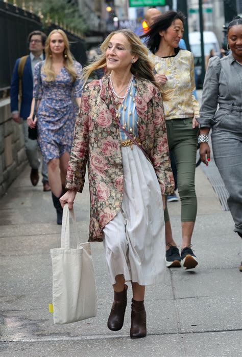 sarah jessica parker mixes stripes and florals with brown booties on set footwear news