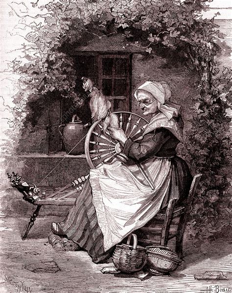 The old wooden wool winding machine with materials.old fashioned wooden distaff, spindle, spinning wheel. Old woman with spinning wheel, 19th Century illustration ...