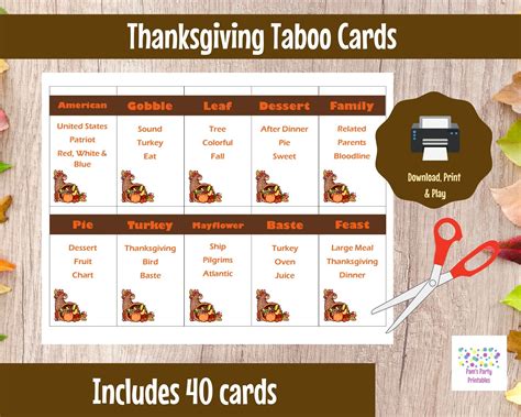 Printable Thanksgiving Game Taboo Cards Instant Download Pams