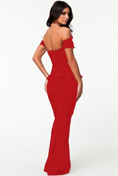 Red Peplum Maxi Dress With Drop Shoulder Peplum Maxi Dress Red