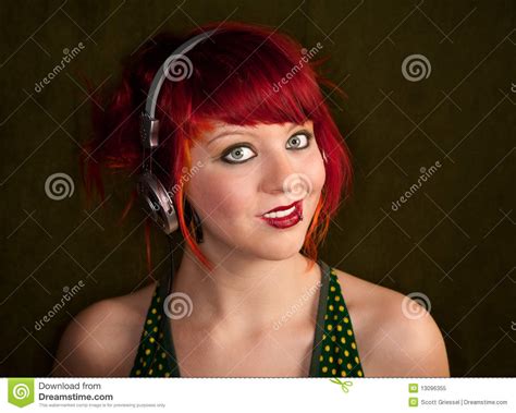 Punky Girl With Red Hair Listening To Music Stock Image Image Of